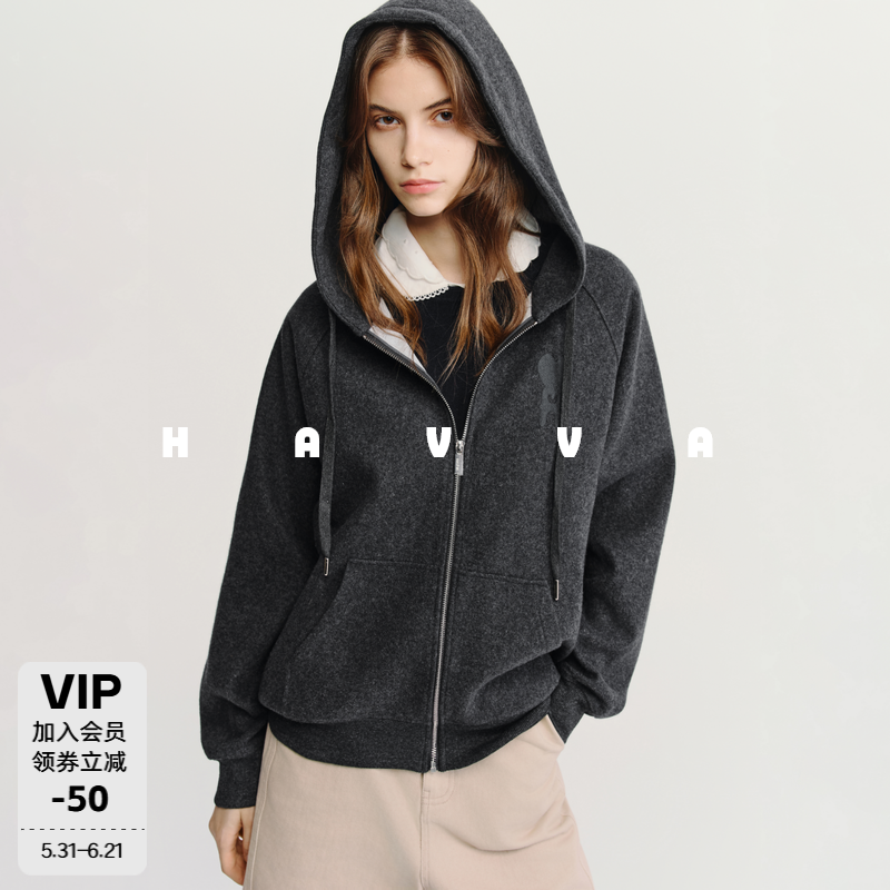 HAVVA连帽拉链羊毛呢外套宽松显瘦遮肉女士上衣2025秋冬W3-5109