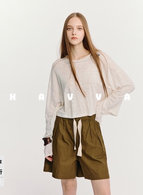 HAVVA微透短款打底衫上衣宽松慵懒超薄长袖T恤女2026春季T3-09320