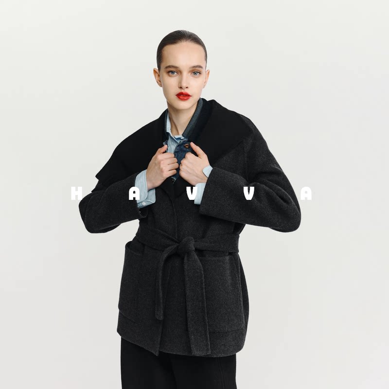 HAVVA高级感带腰带毛呢大衣短款气质女士开衫外套2025冬季N3-4103