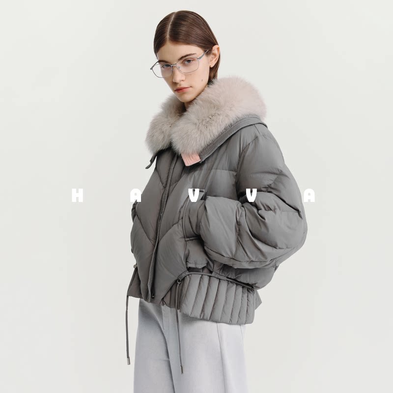 HAVVA毛绒领翻领短款羽绒服下摆抽绳收腰女士外套2025冬季Y3-2514 - havva旗舰店出品