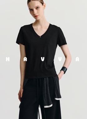 HAVVA短袖t恤女显瘦v领正肩宽松半袖上衣高级感2025夏T3-10740