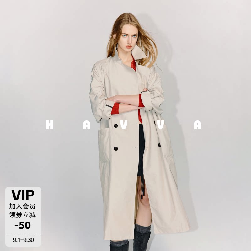 HAVVA轻薄皱感面料廓形休闲风衣中长款双排扣外套2026秋季F3-4918图片