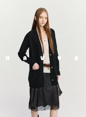 HAVVA中长款宽松慵懒感V领毛衣开衫女针织衫上衣2025秋冬L3-2737