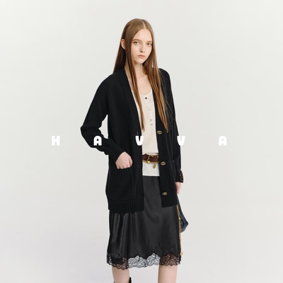 HAVVAV领中长款宽松慵懒感毛衣开衫女针织衫上衣2025秋冬L3-2737