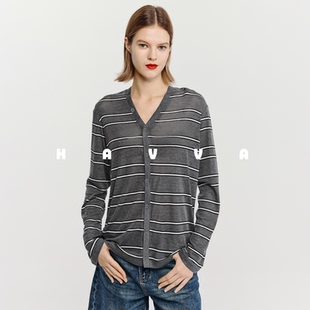 HAVVA设计感可两面穿条纹长袖 5015 T恤弹力舒适女士上衣2026春T3