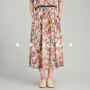 松弛感女士裙子2025夏季 3288 印花百褶半身裙中长款 HAVVA法式