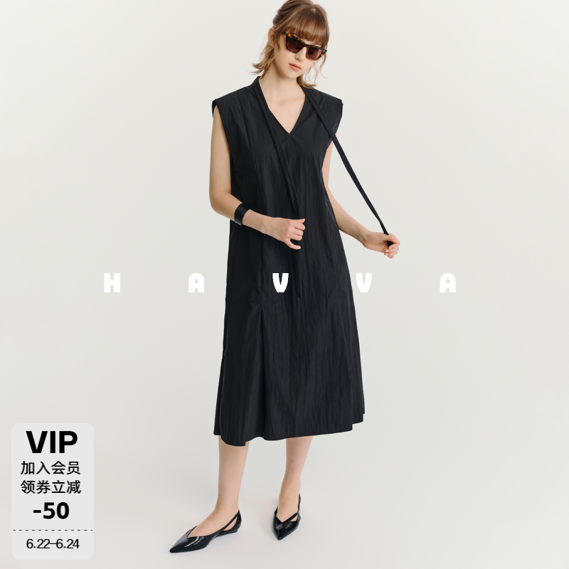 HAVVA松弛感V领无袖飞肩宽松H型中长款衬衫式连衣裙2026夏Q3-7464