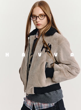 HAVVA设计感拼色翻领仿生皮草外套舒适保暖女士开衫2026春季P1221