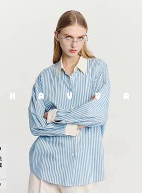 HAVVA拼色翻领条纹长袖衬衫宽松休闲女士开衫上衣2026秋季C3-4668