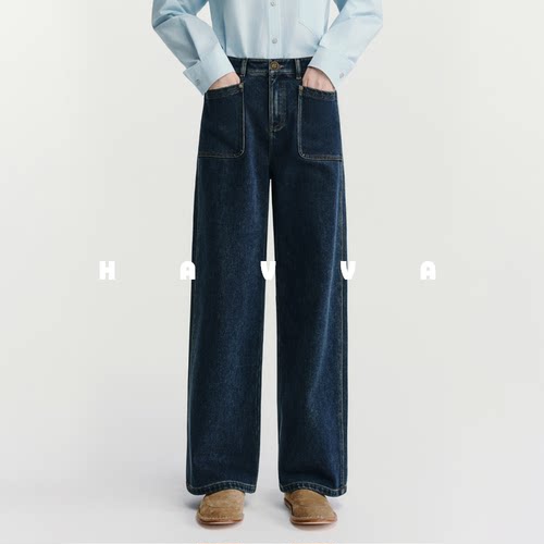 HAVVA高腰阔腿加绒加厚牛仔裤宽松舒适女裤子2025年冬季KH3-5192