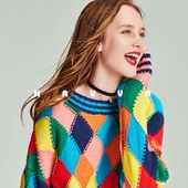 2025秋冬季 HAVVA美学拼色毛衣菱形格落肩袖 减龄女士针织衫 M36763