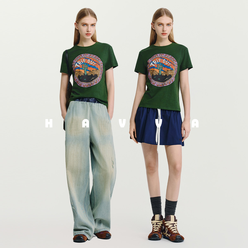 HAVVA正肩印花短袖T恤舒适精梳长绒棉质感女士半袖2025夏T3-3493