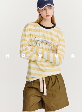 HAVVA慵懒感圆领长袖T恤宽松落肩袖显瘦女士上衣2026春季T3-3992