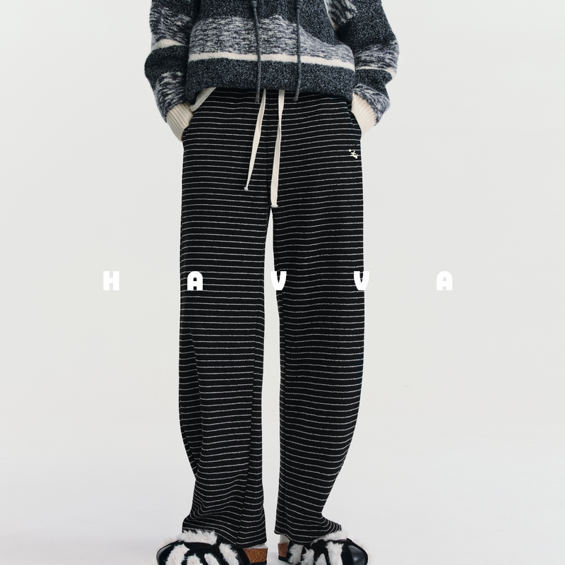 HAVVA条纹抽绳阔腿加绒加厚休闲裤女宽松舒适裤子2025冬KX3-5162