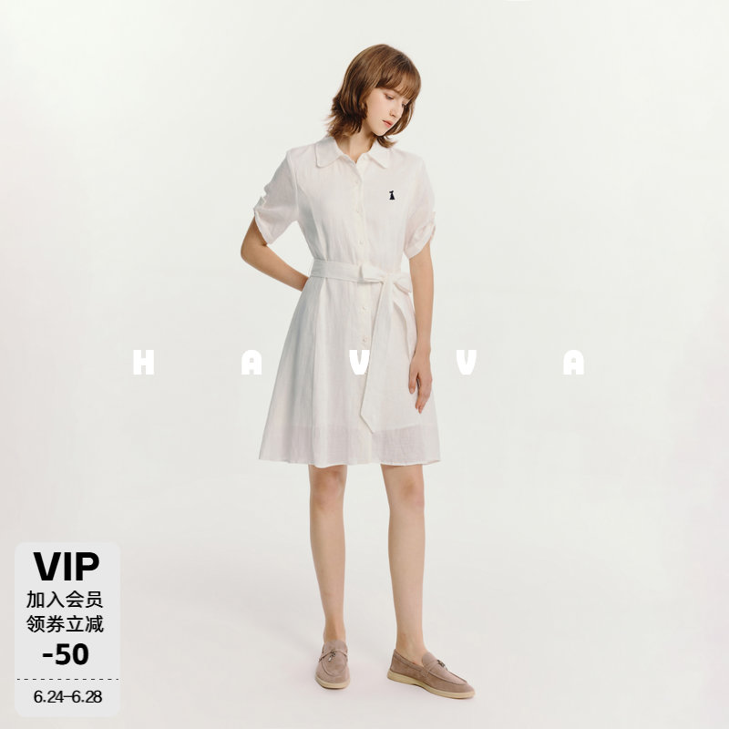 HAVVA天猫专供款短袖莱赛尔亚麻衬衫式系带连衣裙2026夏季Q3-7477