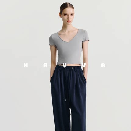 HAVVA设计感木耳边V领短袖T恤短款修身女士半袖上衣2025夏T3-0185