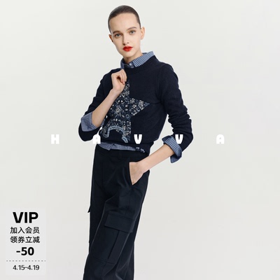 HAVVA 圆领花卉提花针织衫短款正肩修身女士毛衣2025秋冬M3-4359