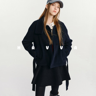 HAVVA口碑强推立领呢子大衣女短款系带保暖毛呢外套2025冬N3-4098