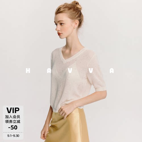 HAVVA细闪珠片V领短袖针织衫