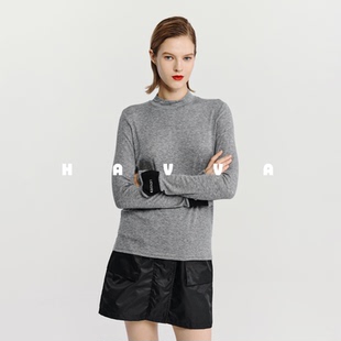 5011 显瘦半高领打底上衣2026春T3 HAVVA设计感拼色长袖 T恤女修身