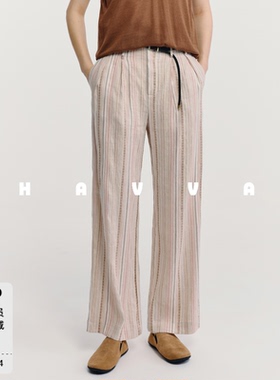 HAVVA竖条纹宽松休闲裤高腰配腰绳修饰腿型女裤子2026夏KX3-6159