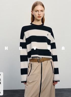 HAVVA棉润舒适松弛感宽条纹短款长袖T恤女打底衫2026春季T3-2958