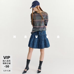 HAVVA松紧腰抽绳牛仔蛋糕裙A字版型显瘦女士短裙2026夏季S3-1688
