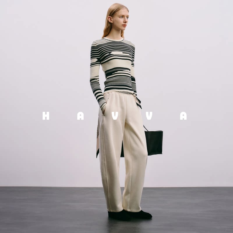 HAVVA设计感不规则条纹打底毛针织衫内搭女士上衣2025冬M3-03670