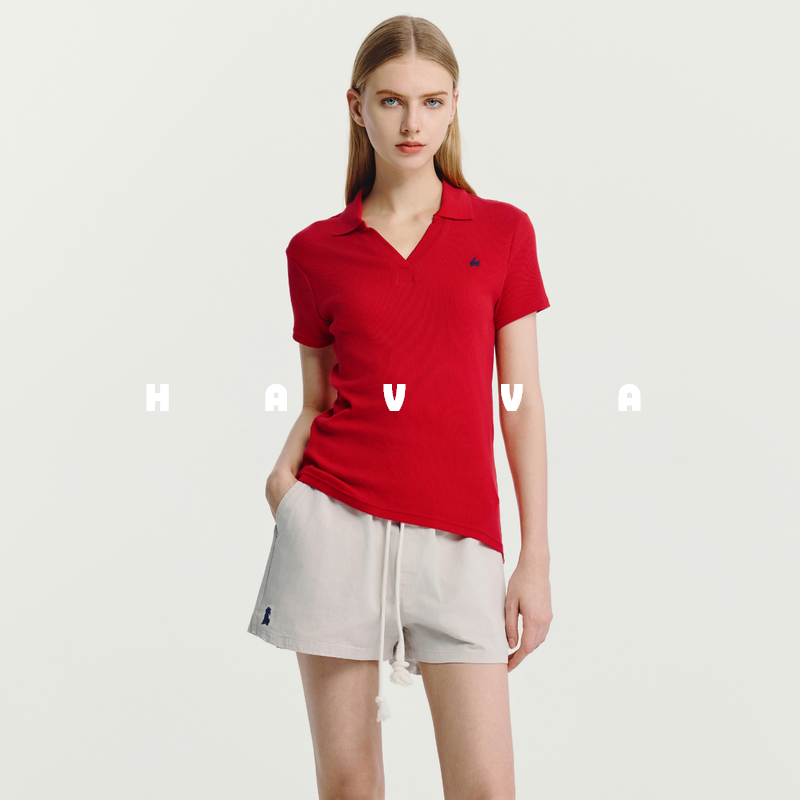HAVVA短袖Polo衫T恤正肩修身弹力质感女士半袖上衣2025夏T3-0205