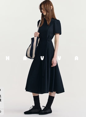 HAVVA收腰系带中长款连衣裙圆领A字版女士裙子2026夏季Q3-21160
