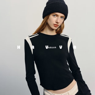 HAVVA美学拼色圆领长袖T恤正肩修身显瘦女士上衣2026春季T3-09510