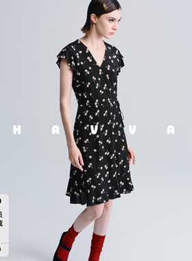HAVVA法式V领围裹式碎花裙荷叶边收腰短款连衣裙2026夏季Q55662