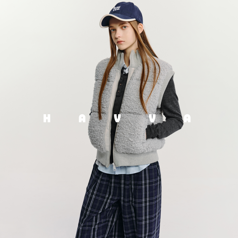 HAVVA仿羊羔毛质感短款马甲棉服宽松舒适女马甲2025年冬季Y3-2561