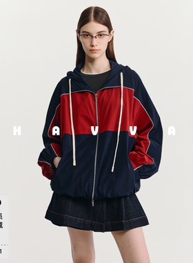 HAVVA运动休闲风撞色连帽夹克外套宽松女士开衫上衣2026春W3-4256