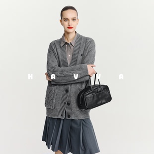 HAVVA宽松V领针织开衫中长款慵懒感女士毛衣外套2025秋冬L3-2741