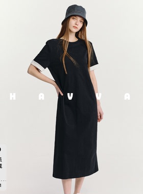 HAVVA减龄好穿直筒圆领t恤连衣裙拼色女士中长款2026夏季Q3-2297