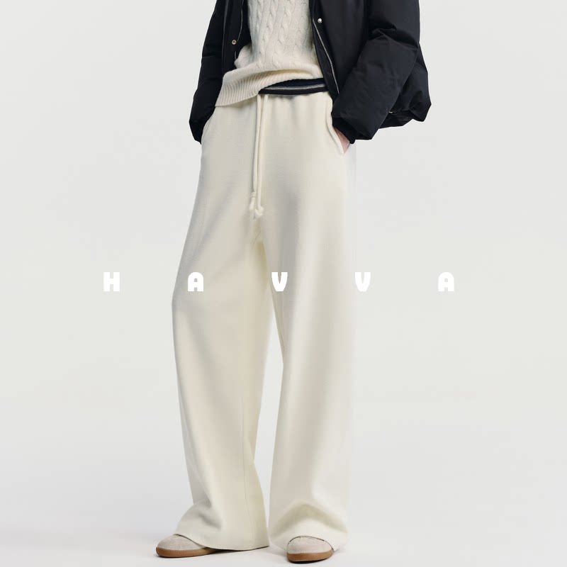 HAVVA弹力松紧腰加绒加厚休闲裤宽松女士直筒裤2026春季KX3-5159 - havva旗舰店出品