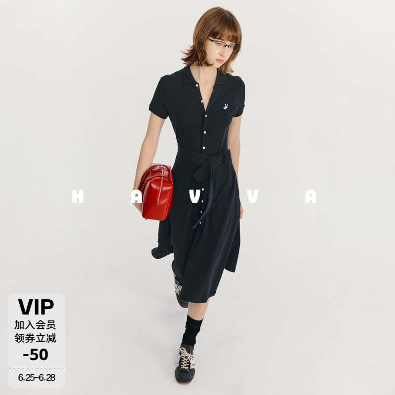 HAVVA天猫专供款短袖连衣裙系带显瘦女士中长裙2026夏季Q3-23110