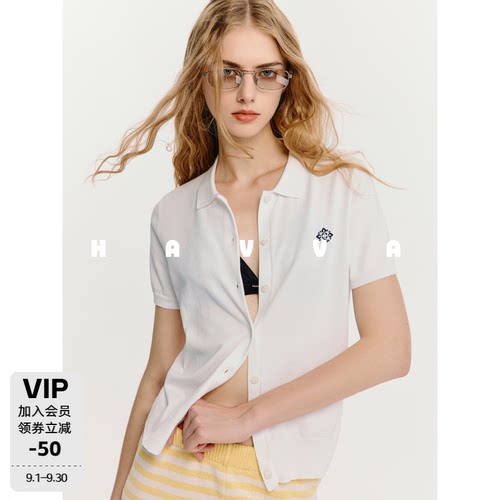HAVVA单排扣翻领短袖针织衫