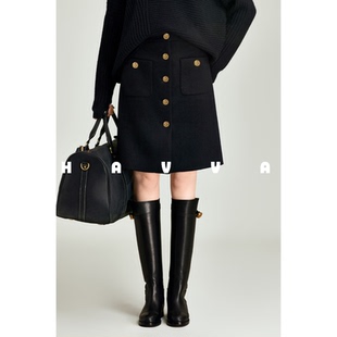 HAVVA高级感毛呢半身裙舒适好穿高腰a字遮胯女裙子2025秋冬S96881