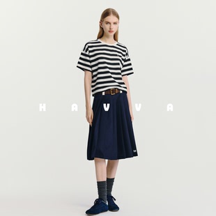 上衣2025夏T3 T恤女圆领落肩宽松半袖 1419 拼色条纹短袖 HAVVA经典