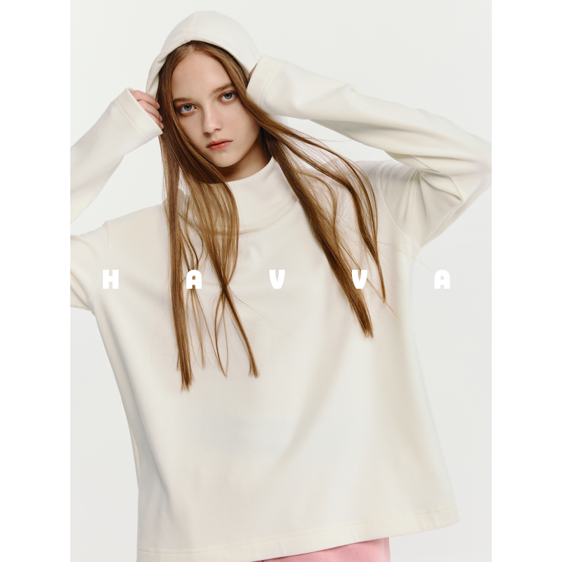 HAVVA慵懒风连帽高领加绒加厚卫衣宽松舒适女士上衣2025冬V3-5262