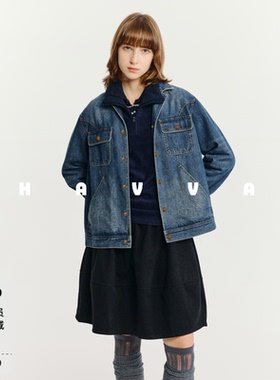 HAVVA水洗做旧翻领宽松牛仔外套休闲易搭女士上衣2026秋季W3-4278