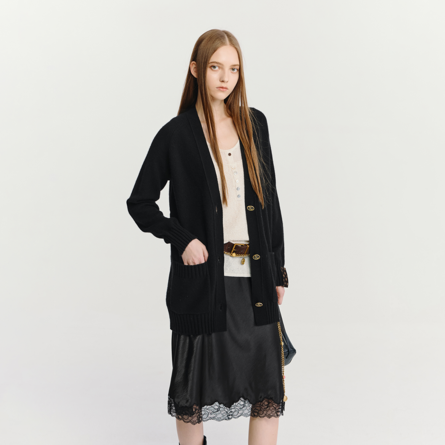 HAVVA中长款宽松慵懒感V领毛衣开衫女针织衫上衣2025秋冬L3-2737