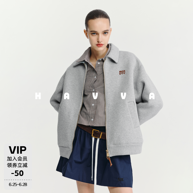 HAVVA落肩袖翻领拉链卫衣外套宽松版型女士上衣2026秋季W3-4476