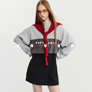 HAVVA设计感撞色美学拼接长袖连衣裙短款女士裙子2026春夏Q3-4075