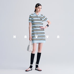 HAVVA经典条纹Polo领短袖针织连衣裙修身女士短裙2026夏季Q3-3713
