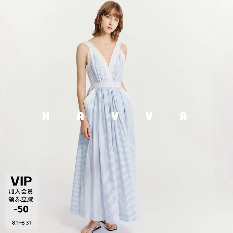HAVVA细条纹泡泡纱肌理感V领露背大摆吊带连衣裙2026夏季Q3-6554 - 实物图