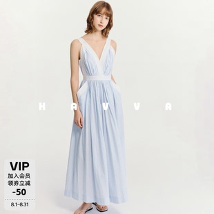 HAVVA细条纹泡泡纱肌理感V领露背大摆吊带连衣裙2026夏季Q3-6554