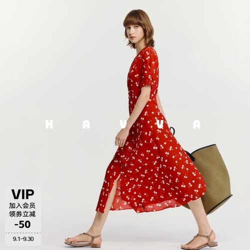 HAVVA中长款V领短袖连衣裙收腰修身显瘦女士裙子2026夏季Q3-2238